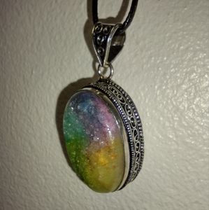 Solar Quartz Druzy Pendant 925 Silver Rope Necklace